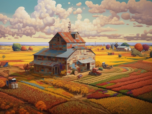 Painting of a farm scene with a barn and farm animals generative ai