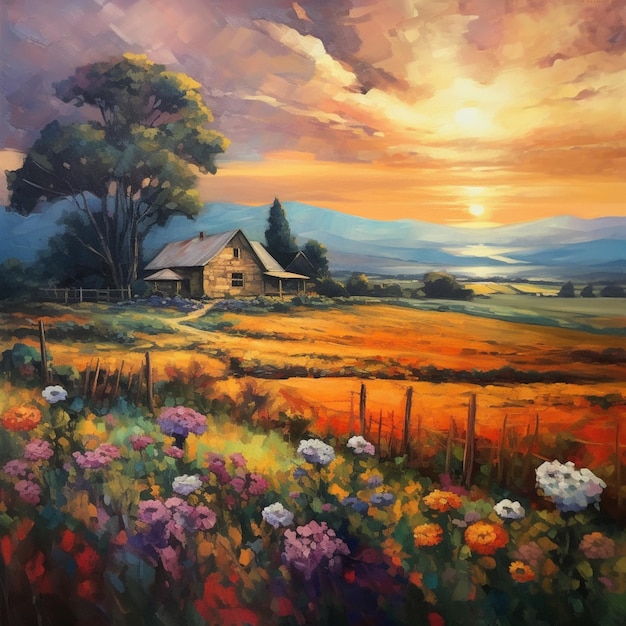 painting of a farm scene with a barn and a field of flowers generative ai
