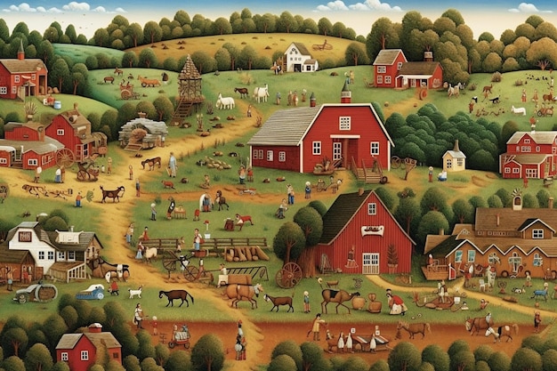 Foto un dipinto di una scena di fattoria con una scena di fattoria.