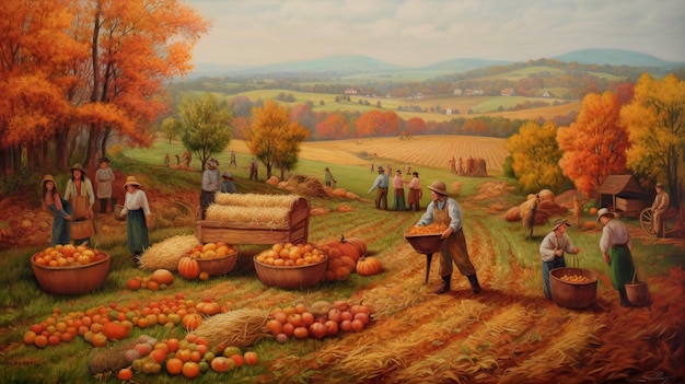 A painting of a farm scene with a man working in a field with a basket full of apples.