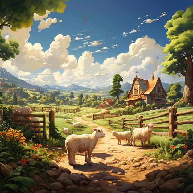 painting of a farm scene with sheep and a barn generative ai