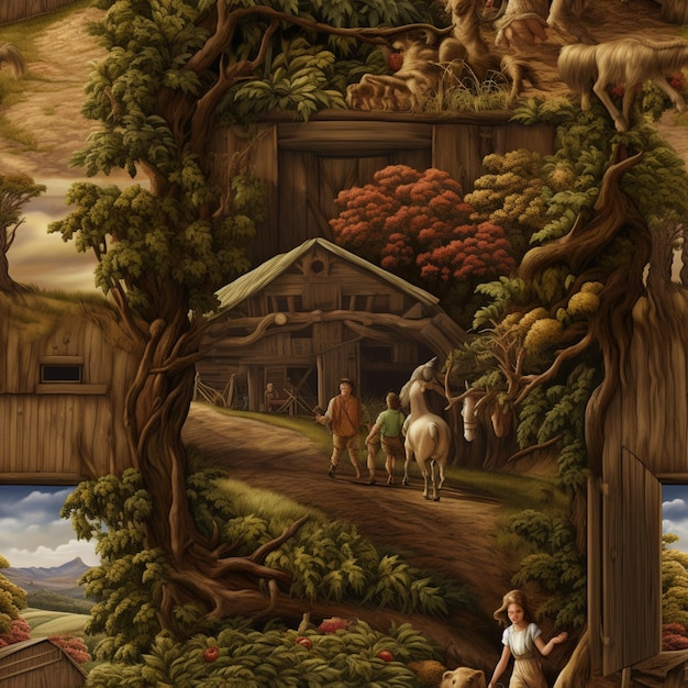 painting of a farm scene with a woman and two horses generative ai