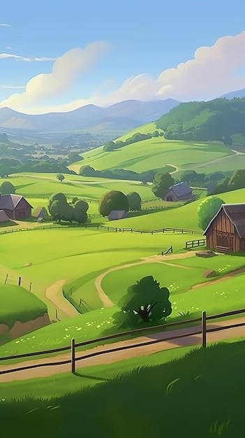 Photo a painting of a farm with a green field and mountains in the background.