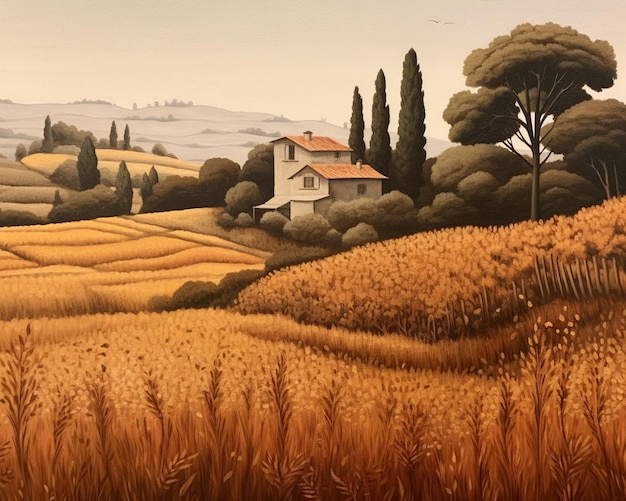painting of a farm with a house and a field of wheat generative ai