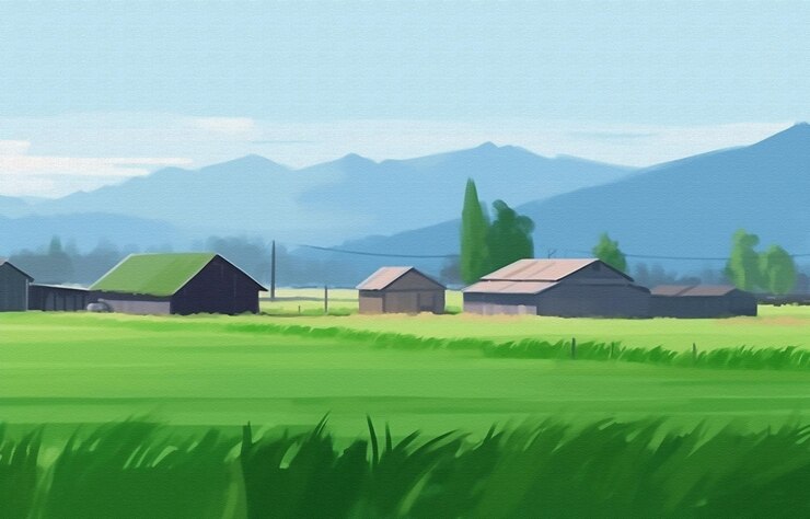 Photo 背景に山がある農場の絵画