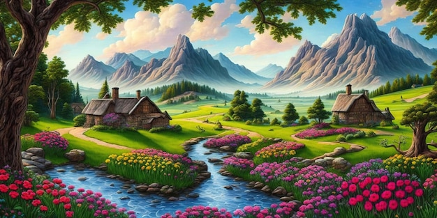 A painting of a farm with mountains in the background