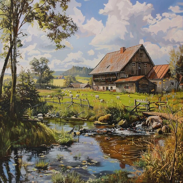 Photo a painting of a farm with a pond and a house in the background