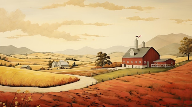 a painting of a farm with a red barn and a farm in the background.