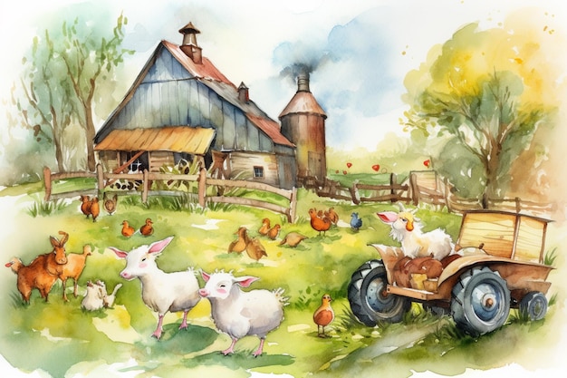 A painting of a farm with a tractor and a farm scene.