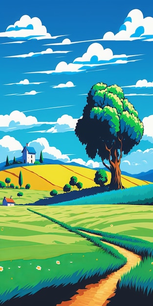 A painting of a farm with a tree in the foreground.