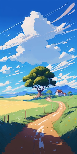 木と家を背景にした農場の絵。