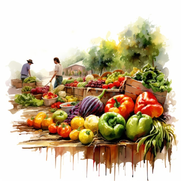 A painting of a farmer's market with vegetables