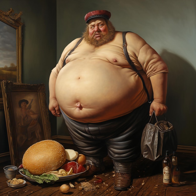 a painting of a fat man with a bottle of alcohol next to it