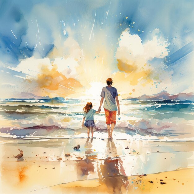 해가 지는 해변에서 걸어가는 아버지와 딸의 그림