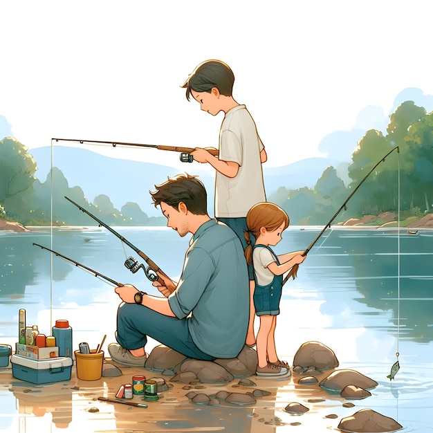 a painting of a father and son fishing in a lake