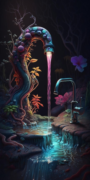 Painting of a faucet with waterfall flowing into it generative ai