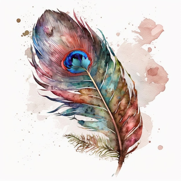 A painting of a feather with a blue eye on a white background generative ai