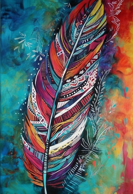 A painting of a feather with the colors of the rainbow.