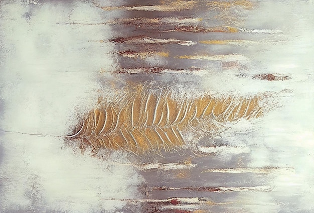 A painting of a feather with gold and white paint