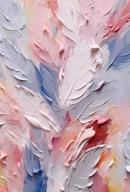 A painting of feathers with pink, blue, and white colors.