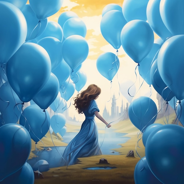 На картине изображена женщина, несущая кучу воздушных шаров.