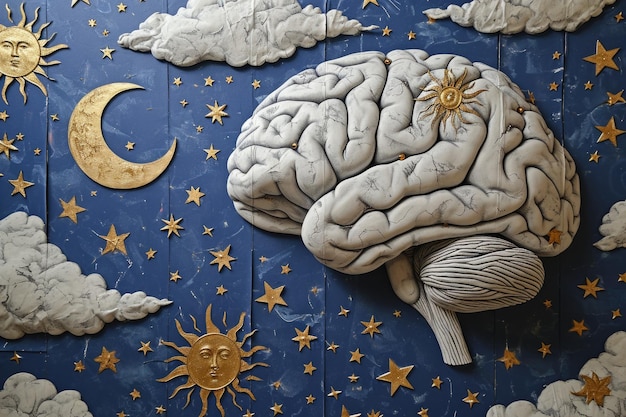 A painting featuring a human brain at the center surrounded by a cosmic backdrop of stars and the moon symbolizing a connection between the mind and the universe