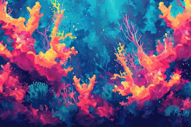 Photo a painting featuring various corals and algaes set against a vibrant blue background background with an abstract interpretation of a coral reef ai generated