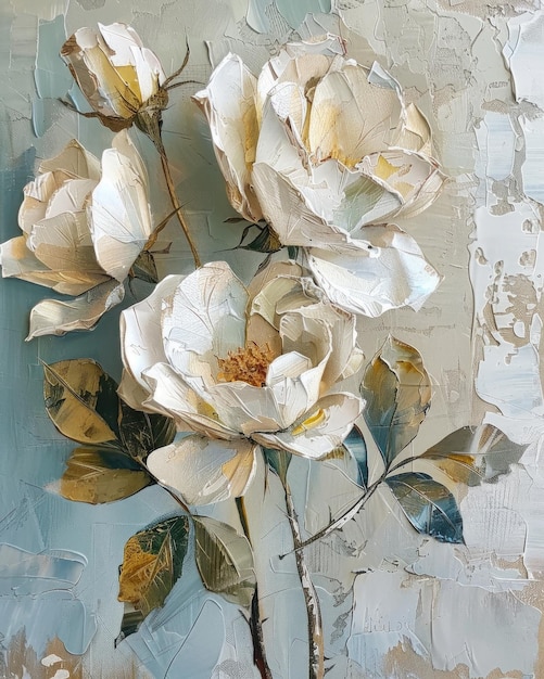 A painting featuring white flowers set against a vibrant blue backdrop The flowers are delicately de