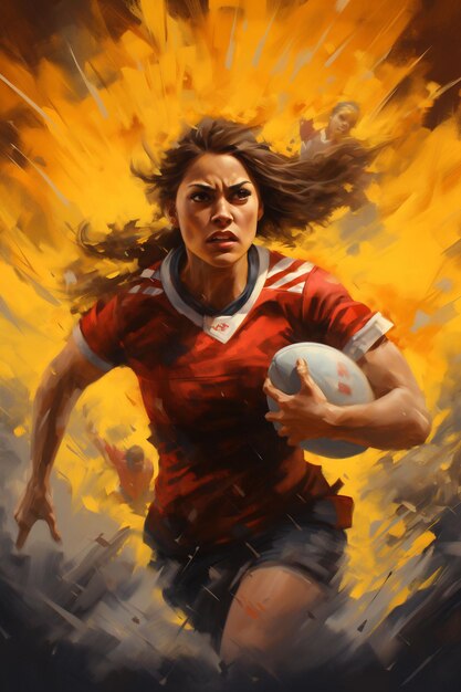 a painting of a female rugby player with a red jersey