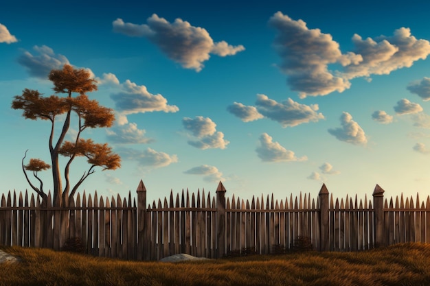 Нарисовать забор и дерево с облаками в небе Генеративный ИИ