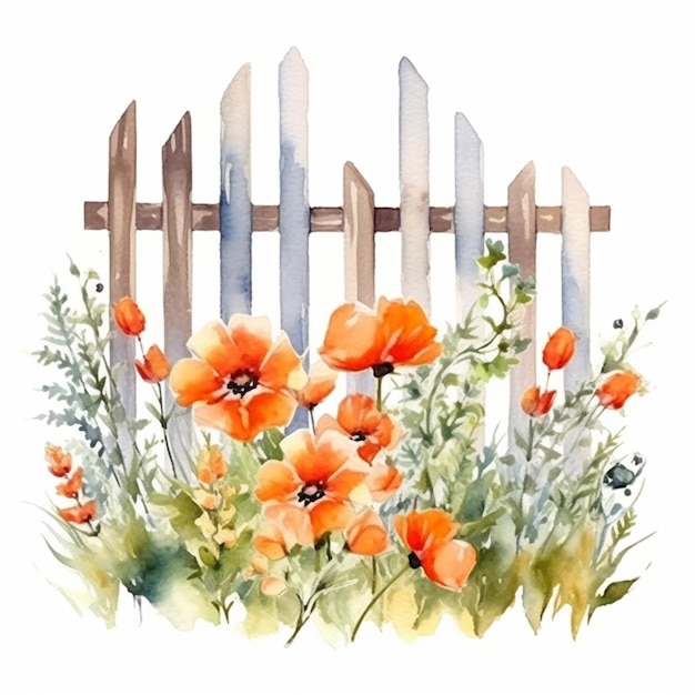 painting of a fence with flowers and a picket generative ai