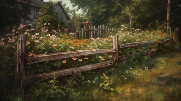 A painting of a fence with a house in the background.