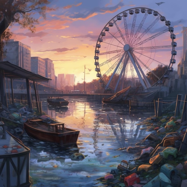 painting of a ferris wheel and a boat in a river generative ai