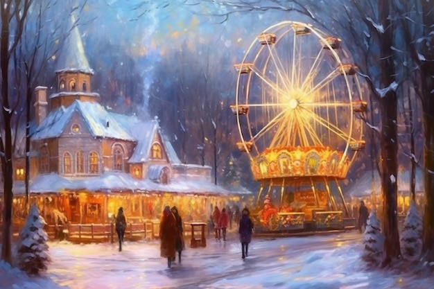 painting of a ferris wheel and people walking in a snowy park generative ai