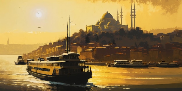 A painting of a ferry in front of a blue mosque.