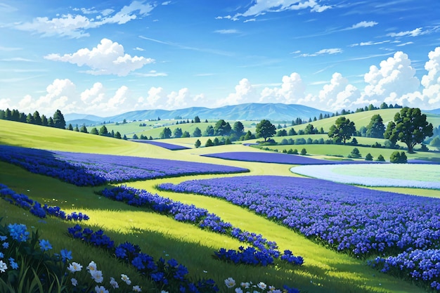 A painting of a field of blue flowers.