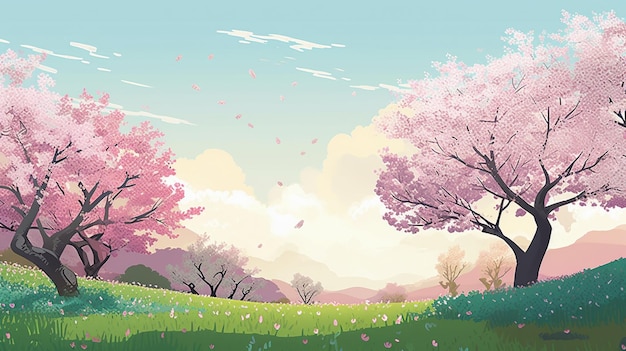 A painting of a field of cherry blossoms with a sky background.