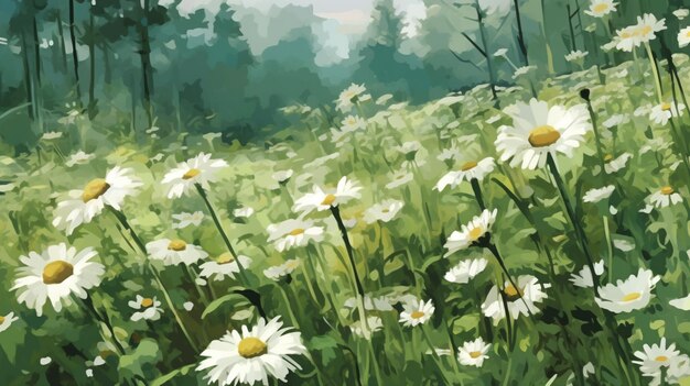 painting of a field of daisies with a forest in the background generative ai