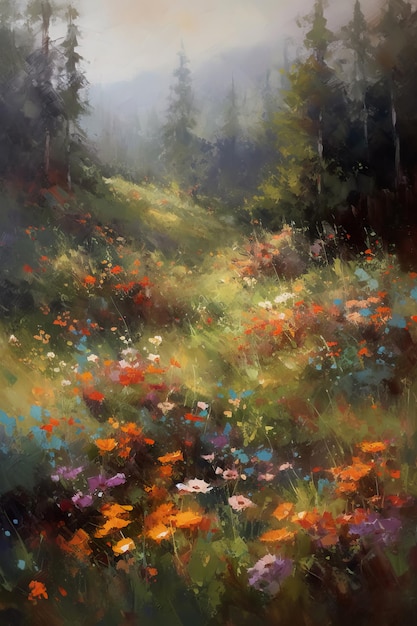 A painting of a field of flowers in the forest