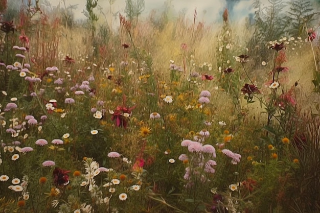 A painting of a field of flowers in the meadow.