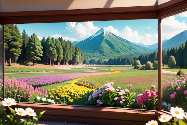 A painting of a field of flowers and mountains