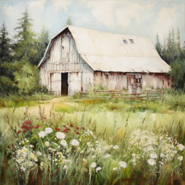 A painting of a field of flowers with a barn in the background