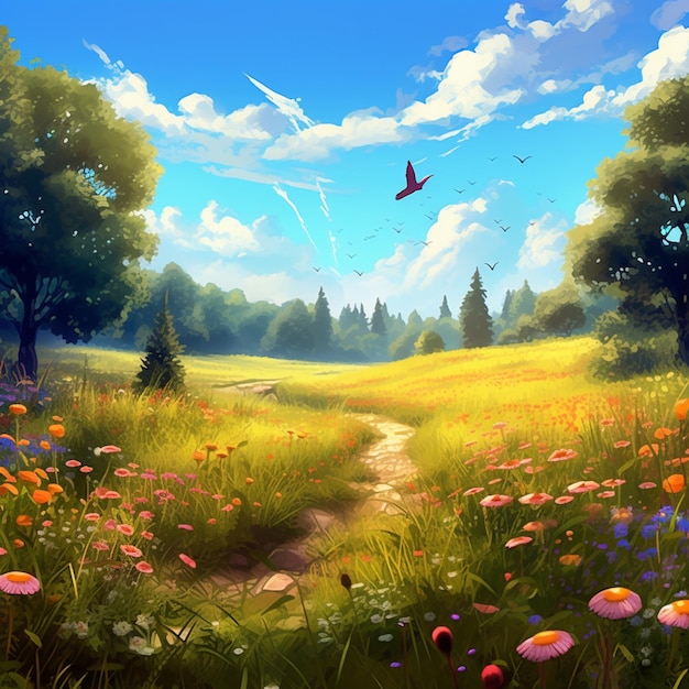 A painting of a field of flowers with a bird flying above it.