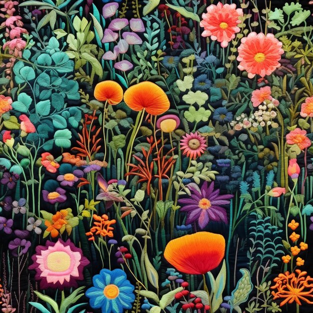 A painting of a field of flowers with a black background generative ai