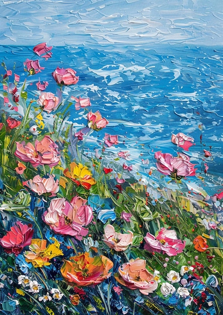 Foto dipinto di un campo di fiori con un oceano blu sullo sfondo generativo ai