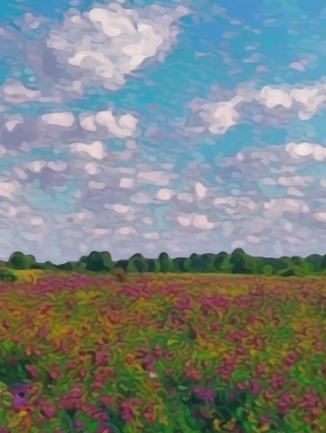 Painting of a field of flowers with a blue sky in the background generative ai