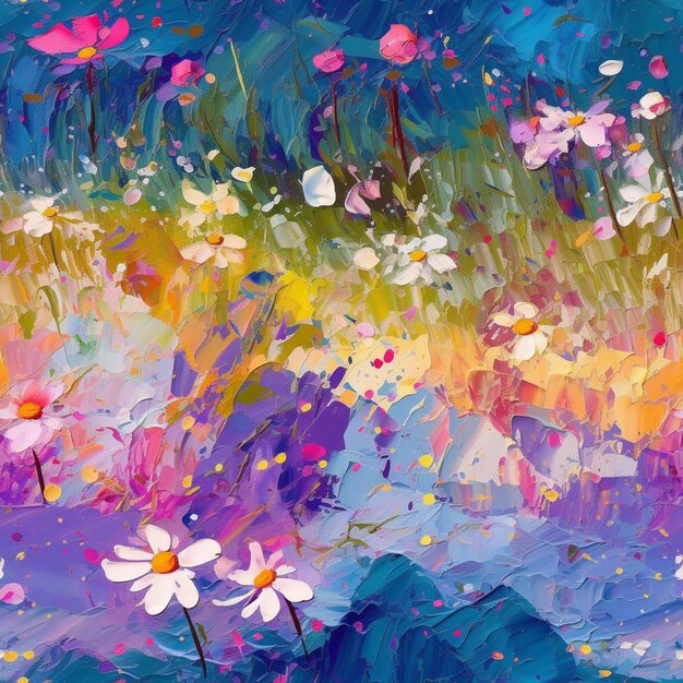 Painting of a field of flowers with a blue sky in the background generative ai