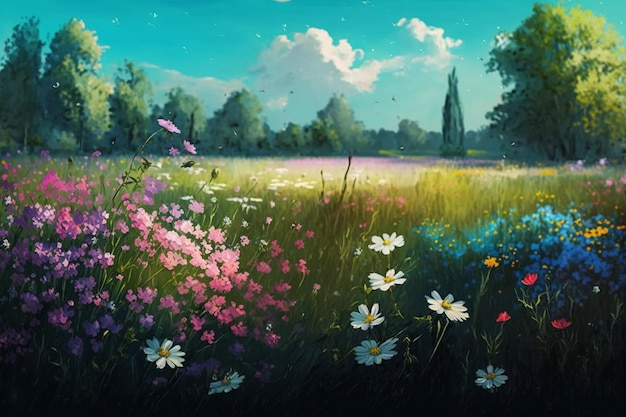 A painting of a field of flowers with a blue sky in the background