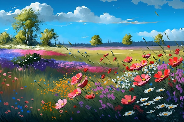 A painting of a field of flowers with a blue sky in the background.