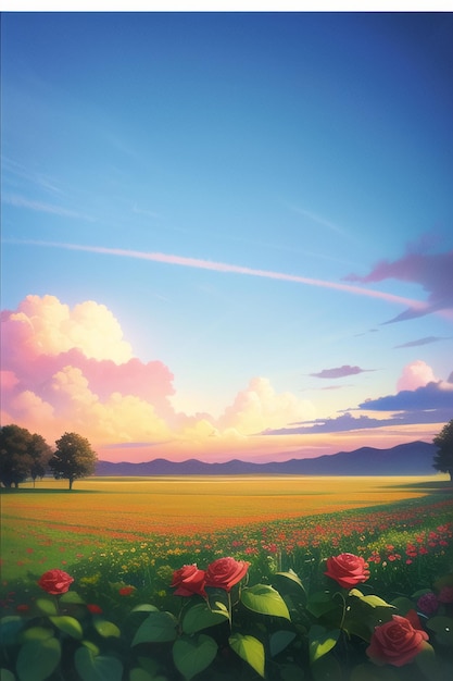 A painting of a field of flowers with a blue sky in the background.